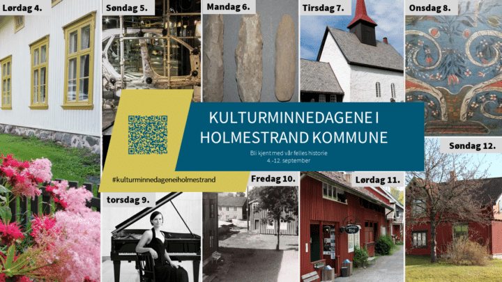 9 bilder som representerer forskjellige aktiviteter som skjer i Holmestrand i løpet av kulturminnedagene.